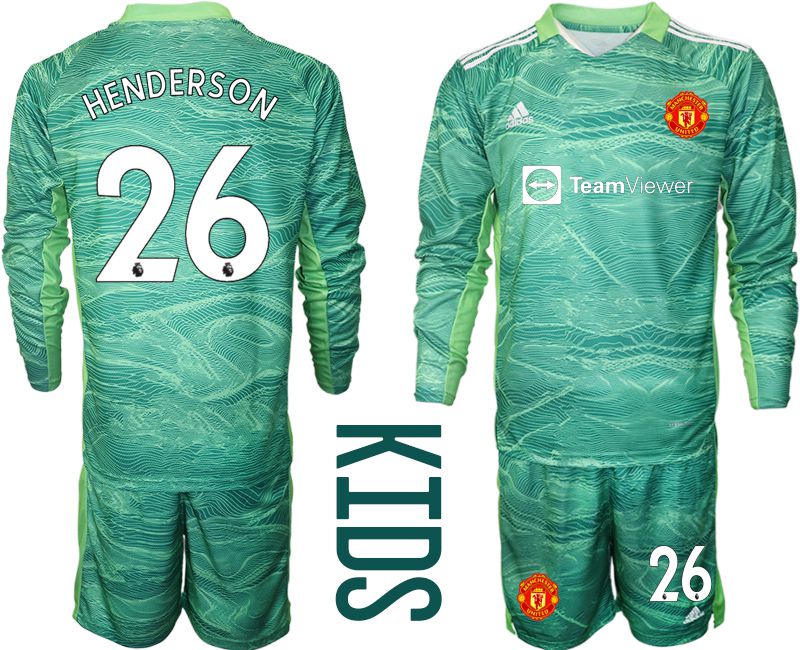 Youth 2021-2022 Club Manchester United green long sleeve goalkeeper #26 Soccer Jersey->youth soccer jersey->Youth Jersey